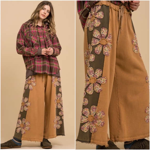 Bluevelvet Rust Floral Patchwork Raw hem Wide Leg Cotton Lounge Pants - Picture 1 of 6